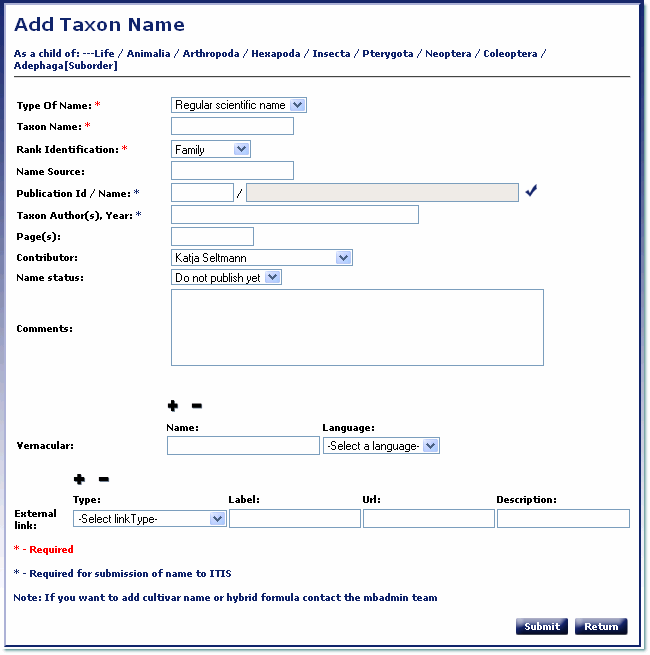 add taxon name screen
