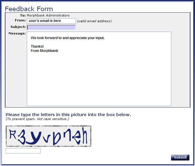 screen shot of feedback form