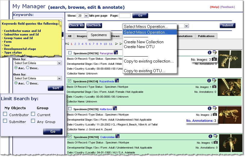 Specimens Tab